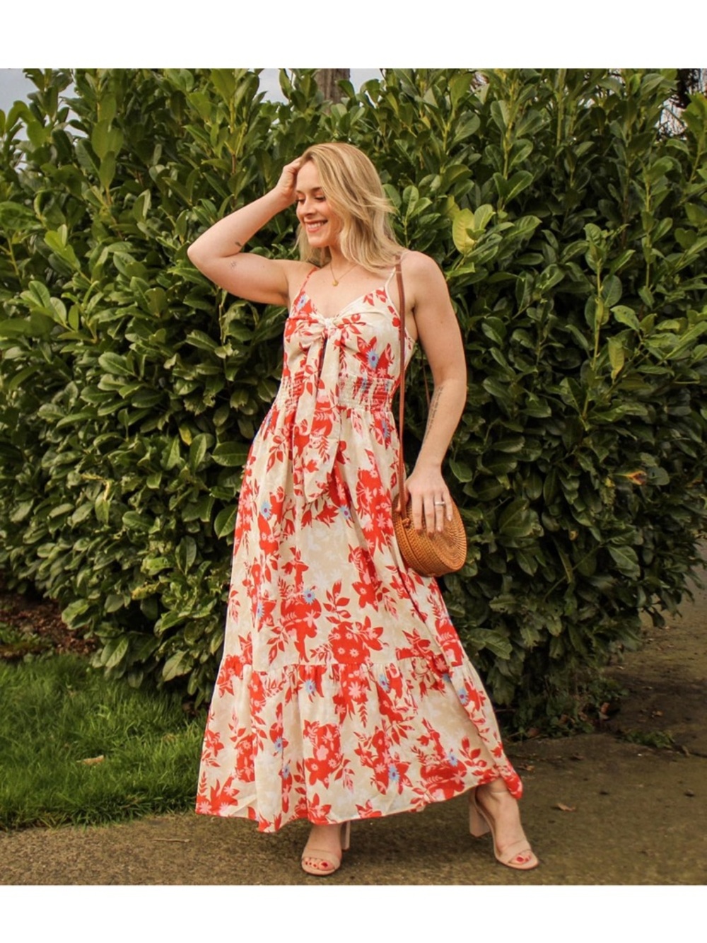 Grace Karin Cream Maxi Dress with Red Floral Print